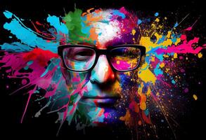 a person with glasses in rainbow color splash. . photo