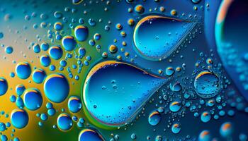 Abstract bright colorful background with drops of oil and water in blue and turquoise tones, macro. . . photo