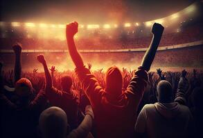 Back view of football, soccer fans cheering their team stadium at evening time.. . photo