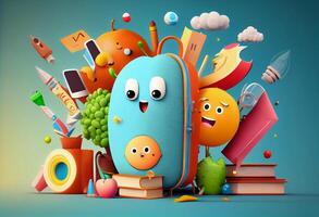 Back to school banner design with colorful funny school characters. . photo