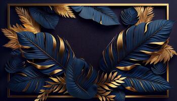 Background frame with golden and blue tropical leaves. . photo