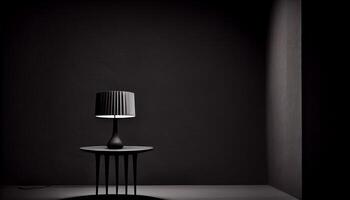 hermosa minimalista presentación antecedentes con un mesa y un blanco lámpara en contra un negro texturizado pared. ai generado. foto