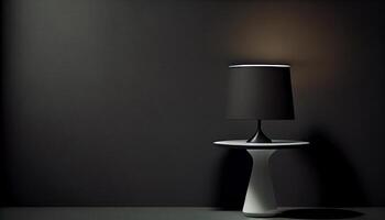 hermosa minimalista presentación antecedentes con un mesa y un blanco lámpara en contra un negro texturizado pared. ai generado. foto
