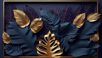 Background frame with golden and blue tropical leaves. . photo