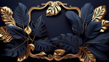 Background frame with golden and blue tropical leaves. . photo