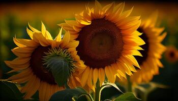 Beautiful sunflowers close-up in the field. . photo