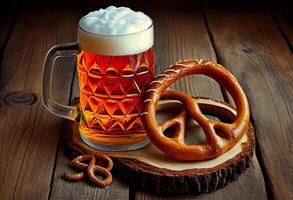 Beer and Pretzel on wooden background, Oktoberfest. . photo
