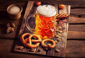 Beer and Pretzel on wooden background, Oktoberfest. . photo