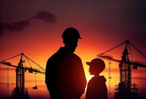 Boy and father against the background of construction cranes on the evening sunset. . photo