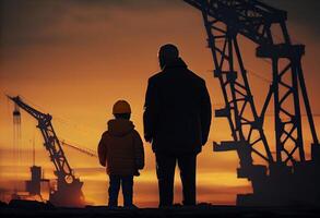 Boy and father against the background of construction cranes on the evening sunset. . photo