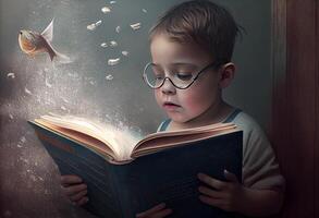 niño libro imaginación. ai generado. foto