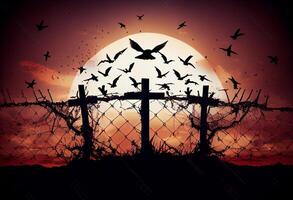 Broken barbed wire and free flying birds on cross sunset background. . photo