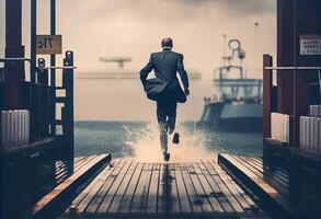 Businessman running on the docks close to the sea. . photo