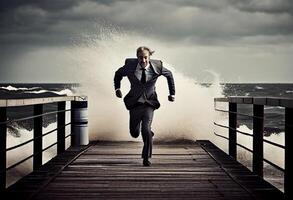 Businessman running on the docks close to the sea. . photo