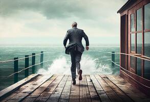 Businessman running on the docks close to the sea. . photo