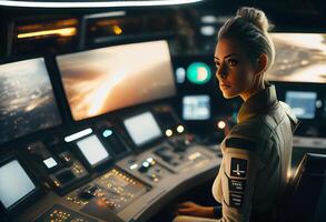 Captain stood on the bridge of the spaceship. . photo