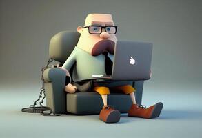 Cartoon character businessman sitting in a chair with laptop. 3d illustration. . photo