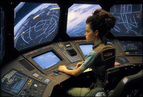 Captain stood on the bridge of the spaceship. . photo