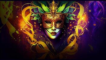 Carnival banner mardi gras woman smiling with venetian mask night lights copy space. . photo