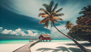 Coco palma árbol en increíble Perfecto blanco arenoso playa en isla de Maldivas. . ai generado. foto