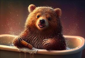 Cute bear in bathtub, pets cleaning. . photo