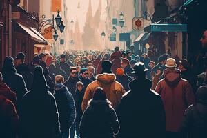 Crowd of people walking street. . photo