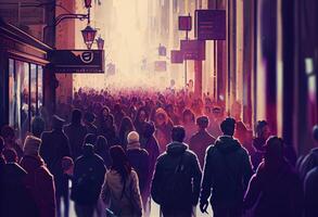 Crowd of people walking street. . photo