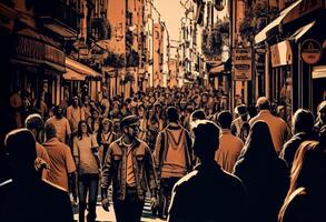 Crowd of people walking street. . photo