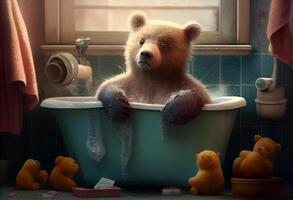 Cute bear in bathtub, pets cleaning. . photo