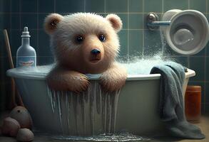 Cute bear in bathtub, pets cleaning. . photo