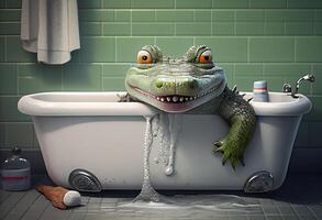 Cute crocodile in bathtub , pets cleaning. . photo