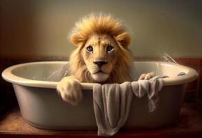 Cute lion in bathtub , pets cleaning. . photo