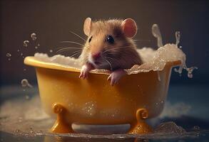 Cute mouse in bathtub , pets cleaning. . photo