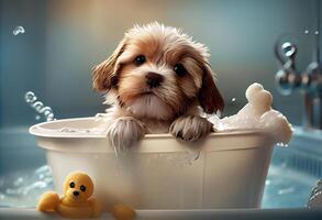 Cute puppy dog in bathtub , pets cleaning, studio shot. . photo