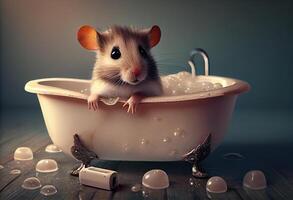 Cute mouse in bathtub , pets cleaning. . photo