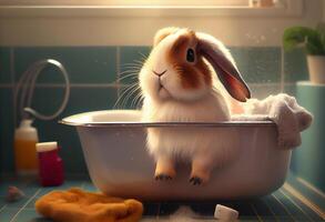 Cute rabbit in bathtub , pets cleaning. . photo