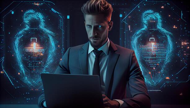ciber seguridad sistema, datos proteccion, digital tecnología. empresario trabajando en ordenador portátil. ai generado. foto