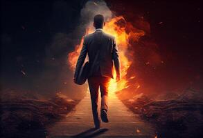 Determined businessman on his way to success go to the fire trails. . photo