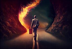 Determined businessman on his way to success go to the fire trails. . photo