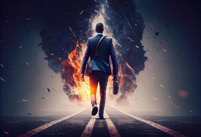 Determined businessman on his way to success go to the fire trails. . photo