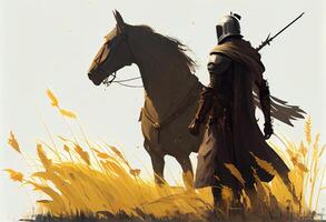 un dorado Caballero y su caballo caminando a campo de espadas ai generado. foto
