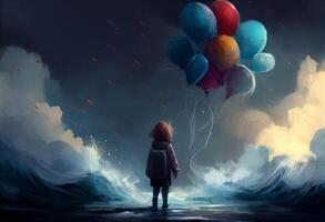 Digital illustration painting of child holding balloons standing in front of fantasy storm, sea. . photo