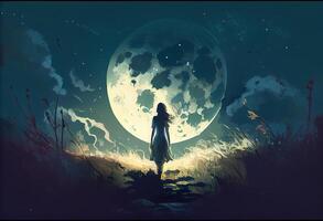 A girl with a big moon on meadow. . photo