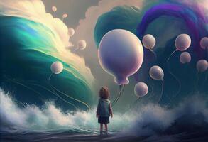 Digital illustration painting of child holding balloons standing in front of fantasy storm, sea. . photo