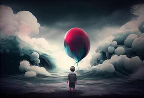 Digital illustration painting of child holding balloons standing in front of fantasy storm, sea. . photo