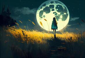 A girl with a big moon on meadow. . photo