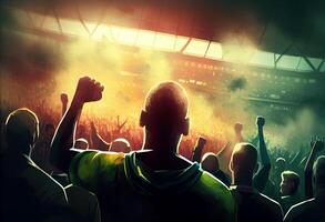 Back view of football, soccer fans cheering their team stadium at evening time.. . photo