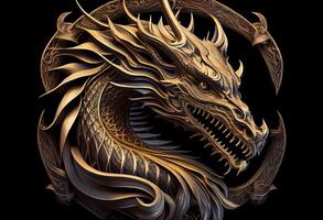 dragon gold carving on the dark background. . photo