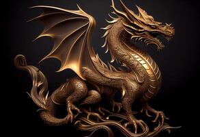 dragon gold carving on the dark background. . photo