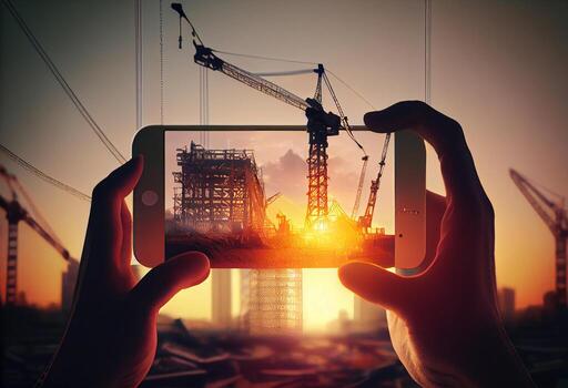 Double exposure of man hand hold and touch screen smart phone, cellphone. . photo